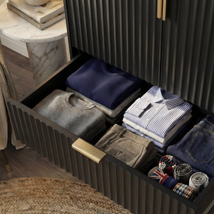 [Black]  flutrina wardrobe drawer interior view with clothing organisation and storage capacity