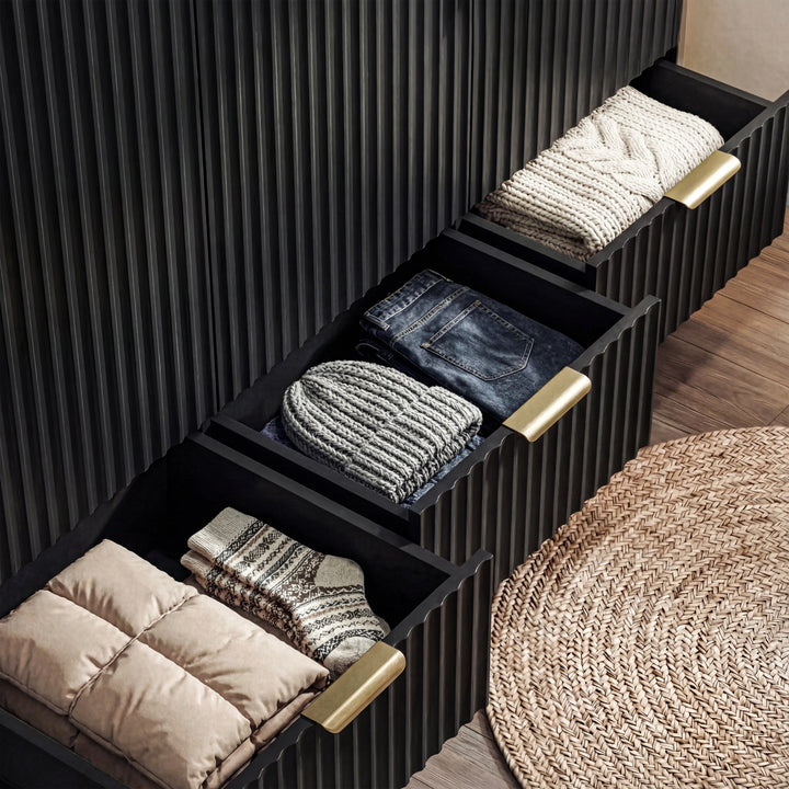[Black] flutrina wardrobe with three drawers compartment extended to display folded garments, and storage depth