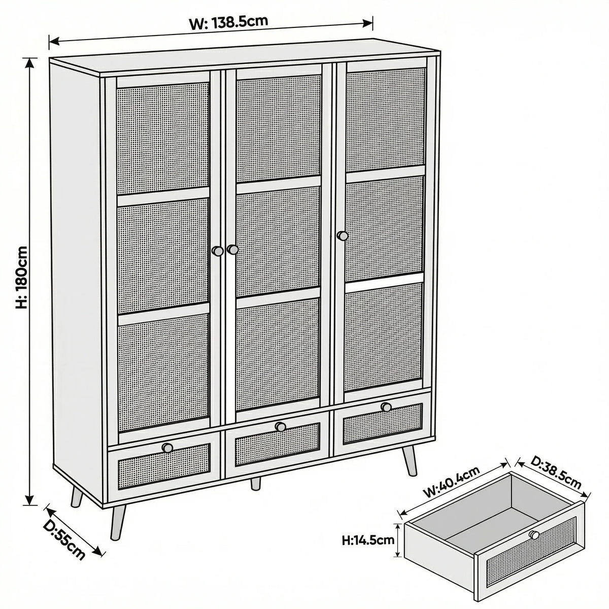 [Black] Rattan wardrobe dimensions: W138.5 x D55 x H180 cm with drawer W40.4 x D38.5 x H14.5 cm