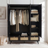 [Black] Inside view black Wovena rattan bedroom furniture set wardrobe with garments on rail and linens