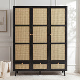 [Black] Wovena rattan bedroom furniture set 3 door wardrobe with cane panelled doors, drawers and pine legs