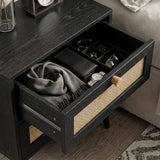 [Black] Top drawer detail of Wovena rattan bedroom furniture set bedside cabinet with watch, glasses and small wallet