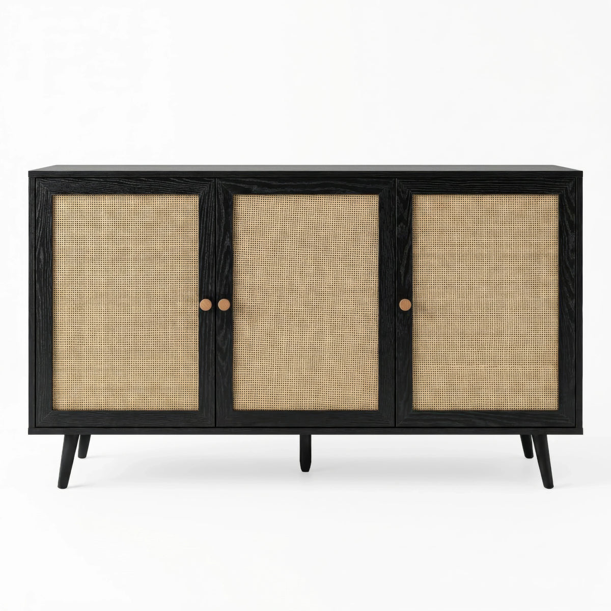 [Black] Wovena 3-door sideboard photographed straight-on against a white background showing the full run of three rattan door panels and two sets of paired oak knobs