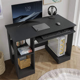 [Black] Small computer desk in black with monitor, keyboard tray pulled out and side storage cubes for books