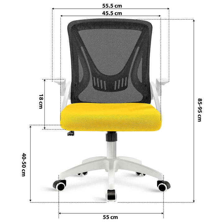 [Black + Yellow] black+yellow ergonomic desk chair dimension: 45.5cm seat width, 55cm wheelbase, adjustable 85–95cm height & mesh backrest.