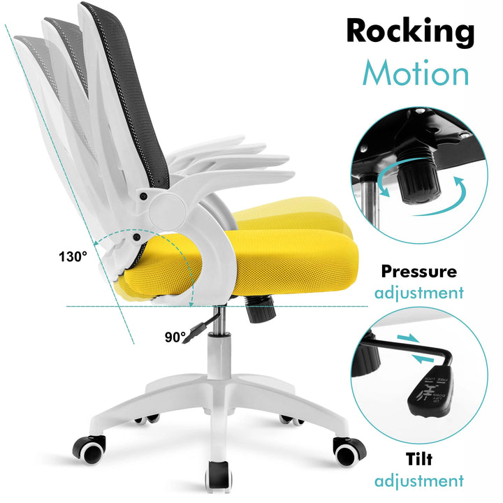 [Black + Yellow] Black and yellow office chair with mesh backrest,  adjustable height, and tilt lockfor ergonomic seating.