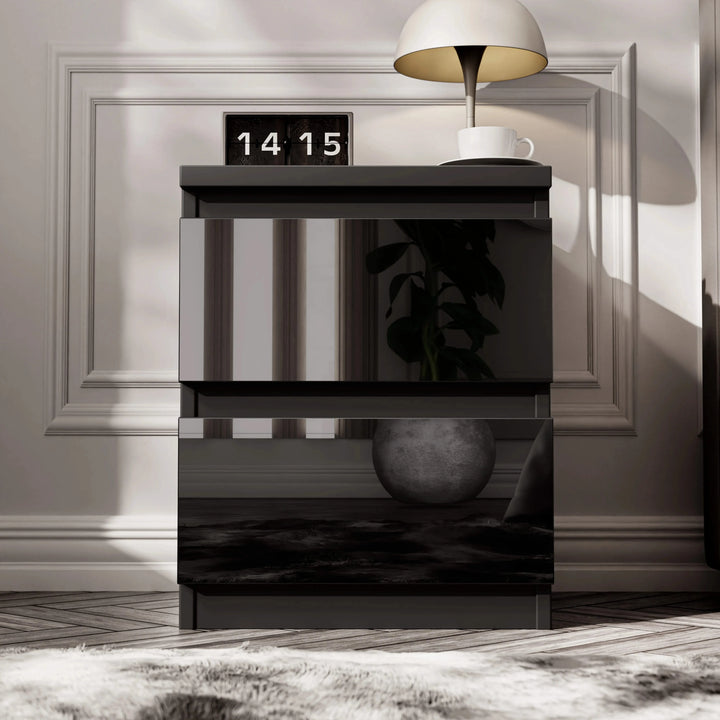 [Black] single black high gloss bedside table with dome lamp and flip clock on top against panelled wall