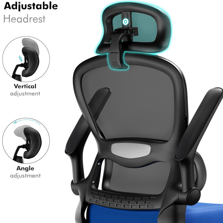 [Blue + Black] Black and blue mesh office chair with adjustable headrest for vertical and angle support. Enhances ergonomic comfort and neck alignment.