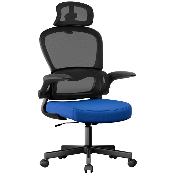 [Blue + Black] Black and blue ergonomic mesh office chair with headrest and flip-up arms. Stylish and supportive seating for home or office use.
