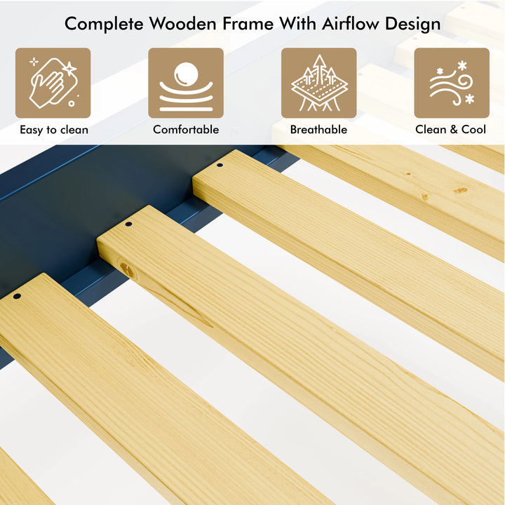 [Blue + Pine] bunk bed slatted base detail with evenly spaced wooden pine slats and airflow design for mattress ventilation