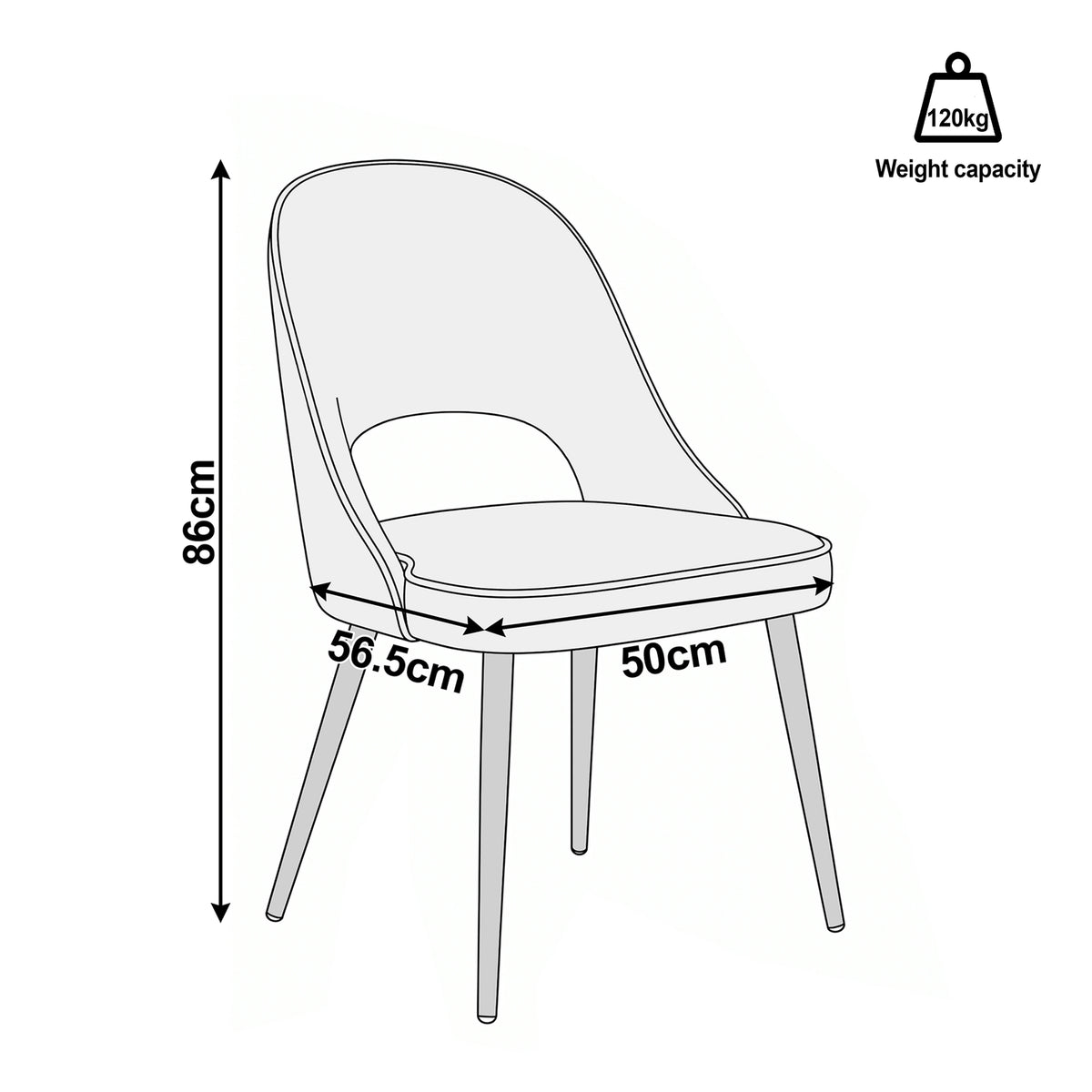 [Blue | Set of 4] Dining chair size guide showing 86cm high, 50cm wide, 56.5cm deep dimensions and 120kg capacity per chair.