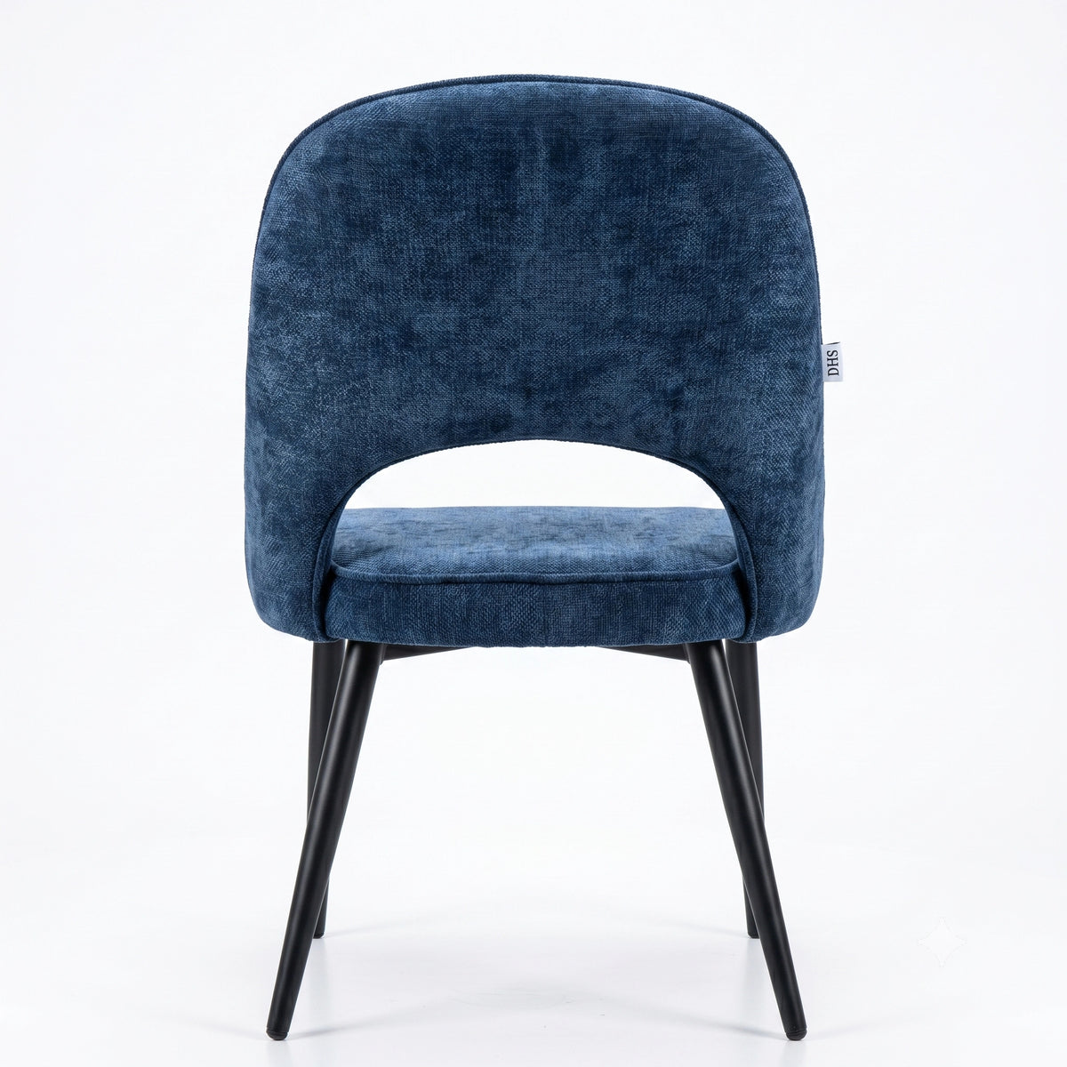 [Blue | Set of 2] Rear view of the comfy fabric dining chair with rounded open back, piped seat and four black metal legs.