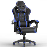 [Black + Blue] Ergonomic Computer Chair with lumbar support and padded armrest in black and blue design, ideal for long gaming or office sessions. Features adjustable height and reclining backrest.