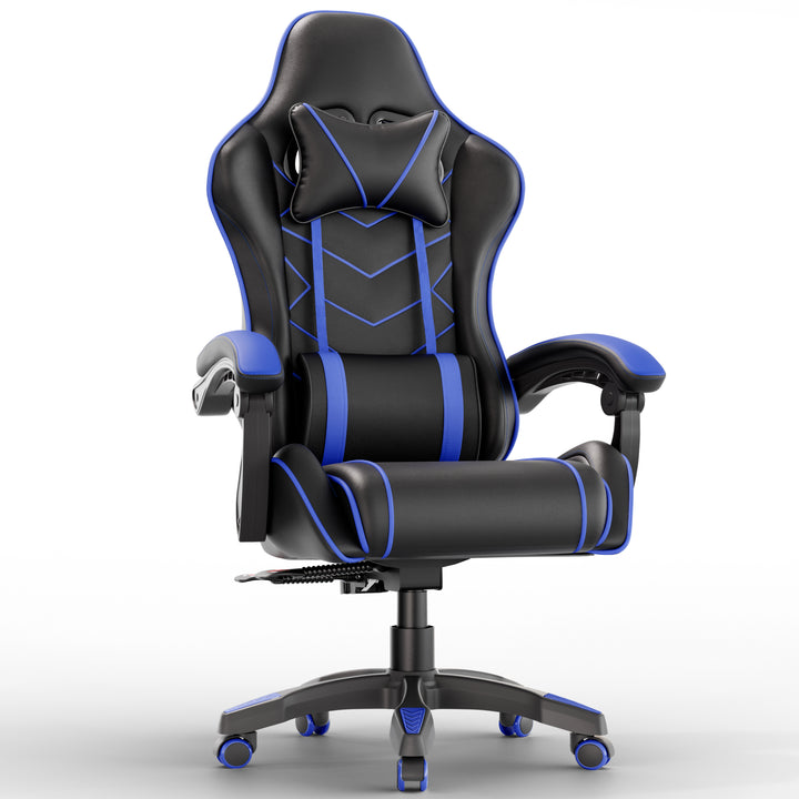 [Black + Blue] Ergonomic Computer Chair with lumbar support and padded armrest in black and blue design, ideal for long gaming or office sessions. Features adjustable height and reclining backrest.