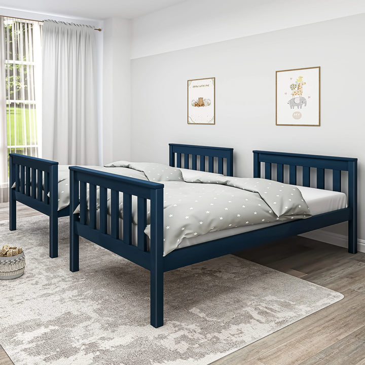 [blue] detachable bunk bed split into two separate single beds in bright bedroom