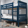 [blue] detachable double bunk bed with safety rails in kids room with rainbow artwork