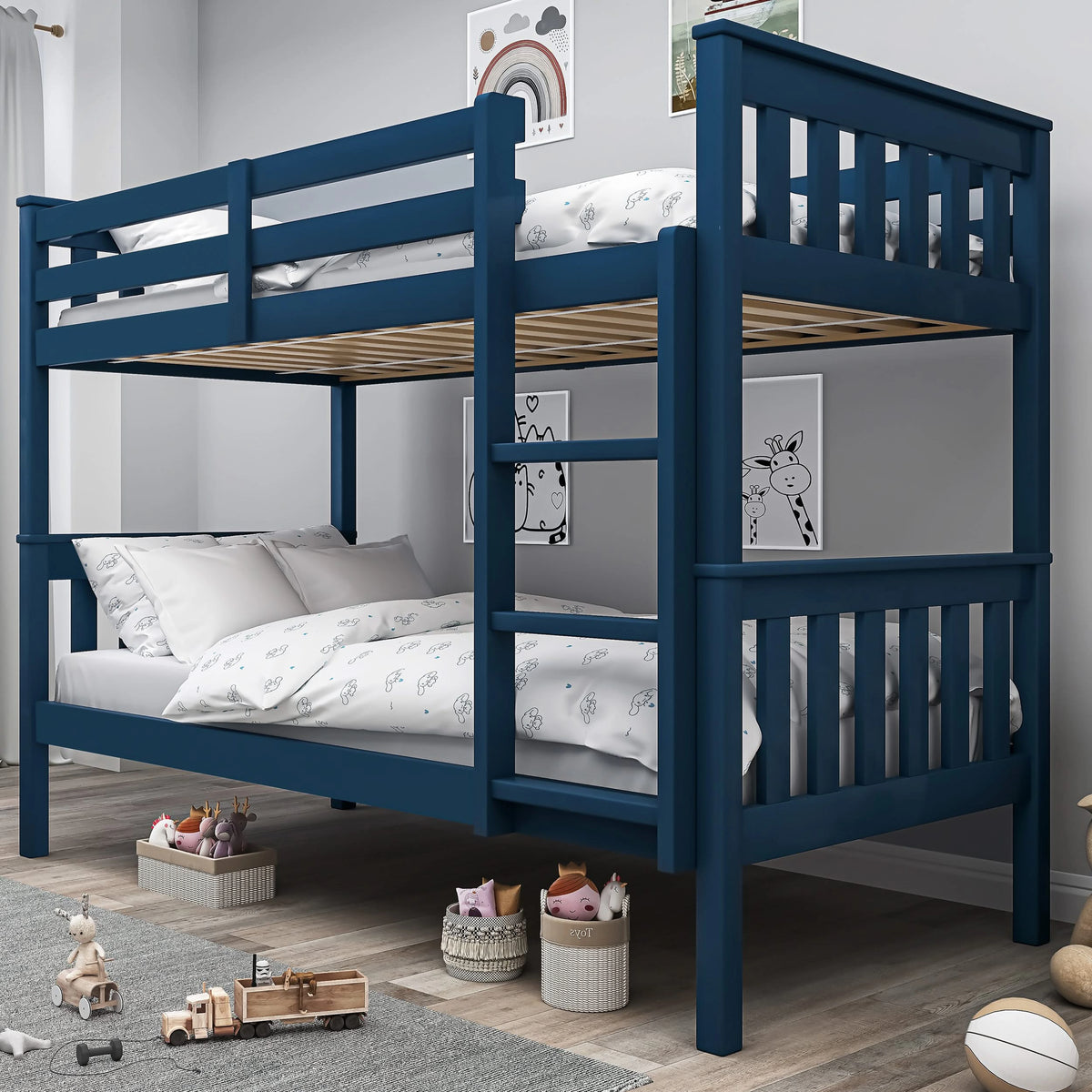 [blue] detachable double bunk bed with safety rails in kids room with rainbow artwork