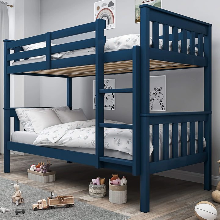 [blue] detachable double bunk bed with safety rails in kids room with rainbow artwork