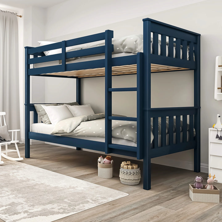 [Blue] double bunk bed frame in full view, suitable for kids’ rooms with sturdy ladder and guardrails