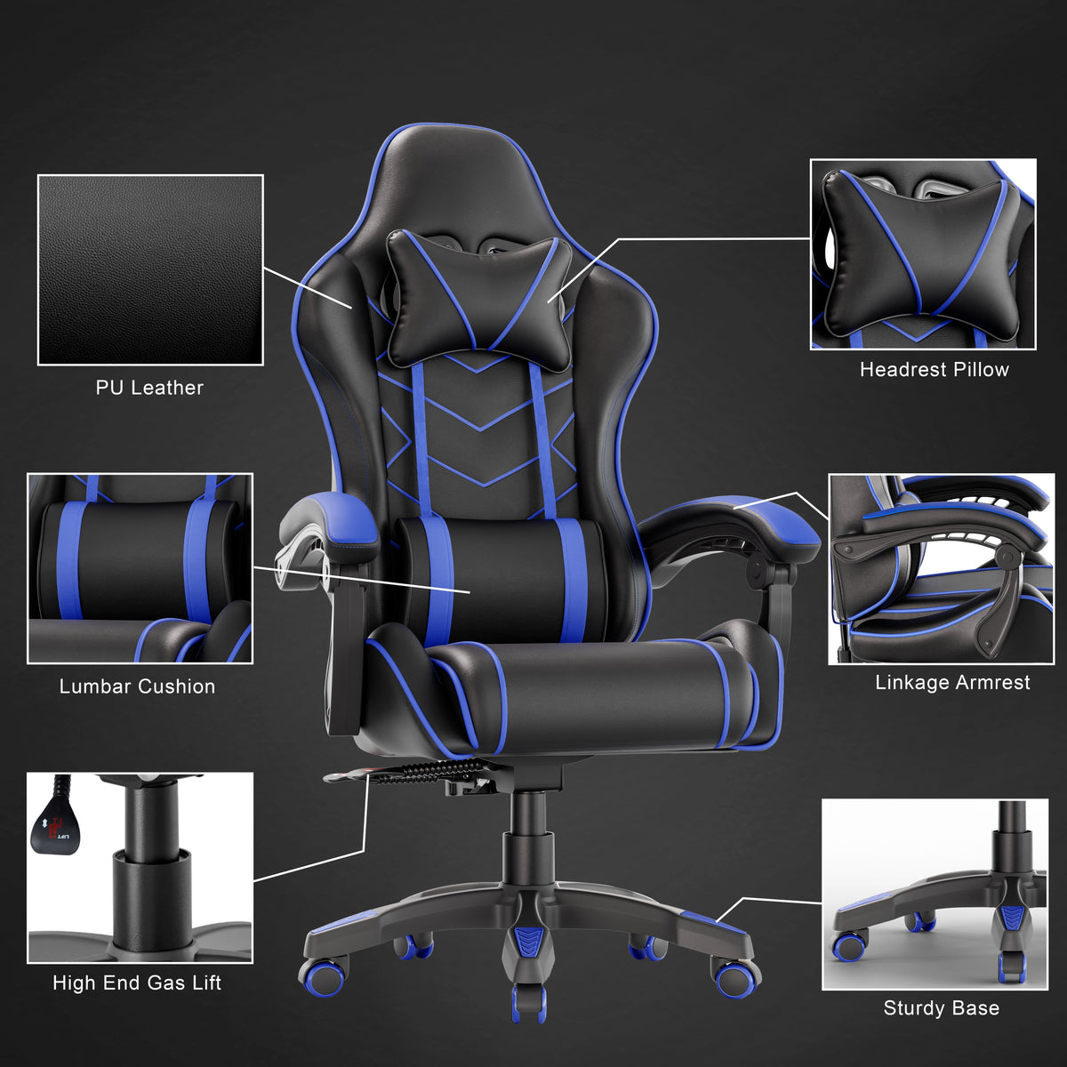 [Black + Blue] Ergonomic Gaming Chair With Lumbar Support and Padded Armrest | DHS featuring PU leather, headrest pillow, lumbar cushion, and sturdy base for comfort.