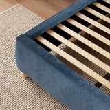 [King | Blue] A close view of wooden slat support system for the mattress, in the upholstered blue king frame