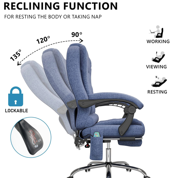[Blue Linen] this reclining massage chair in blue linen demonstrates adjustable back tilt with control knob highlighted in the inset