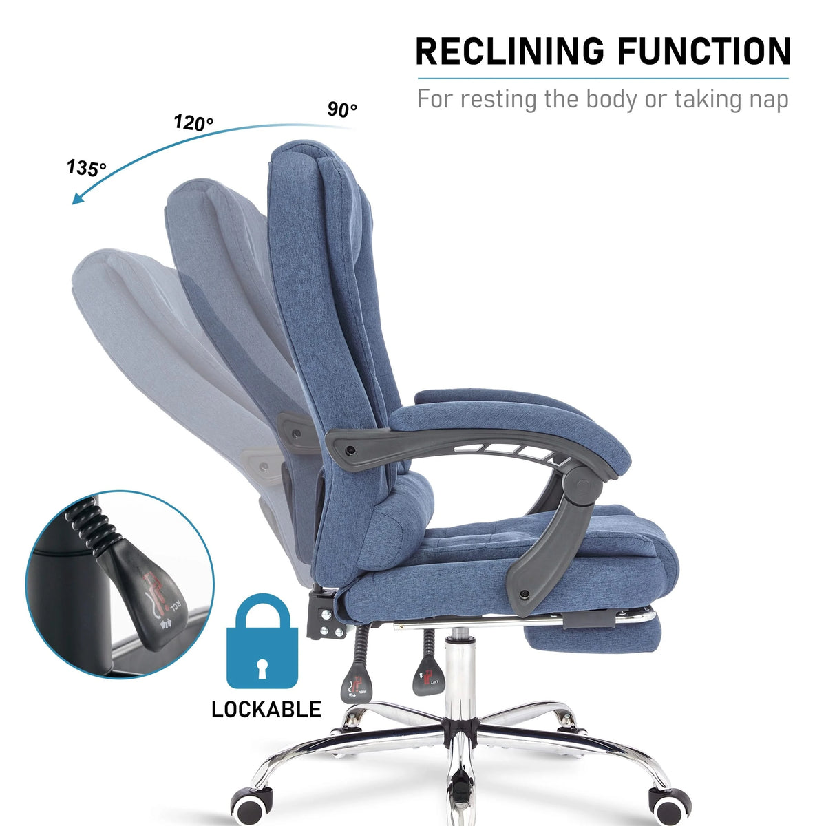 [Blue Linen] reclining angle from 90° to 135° shown on blue linen padded office chair for ultimate comfort.