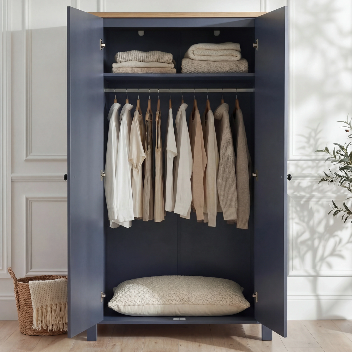 [Blue] Linra 2 Door Wardrobe open interior showing upper shelf with folded textiles, hanging rail with garments, and floor storage