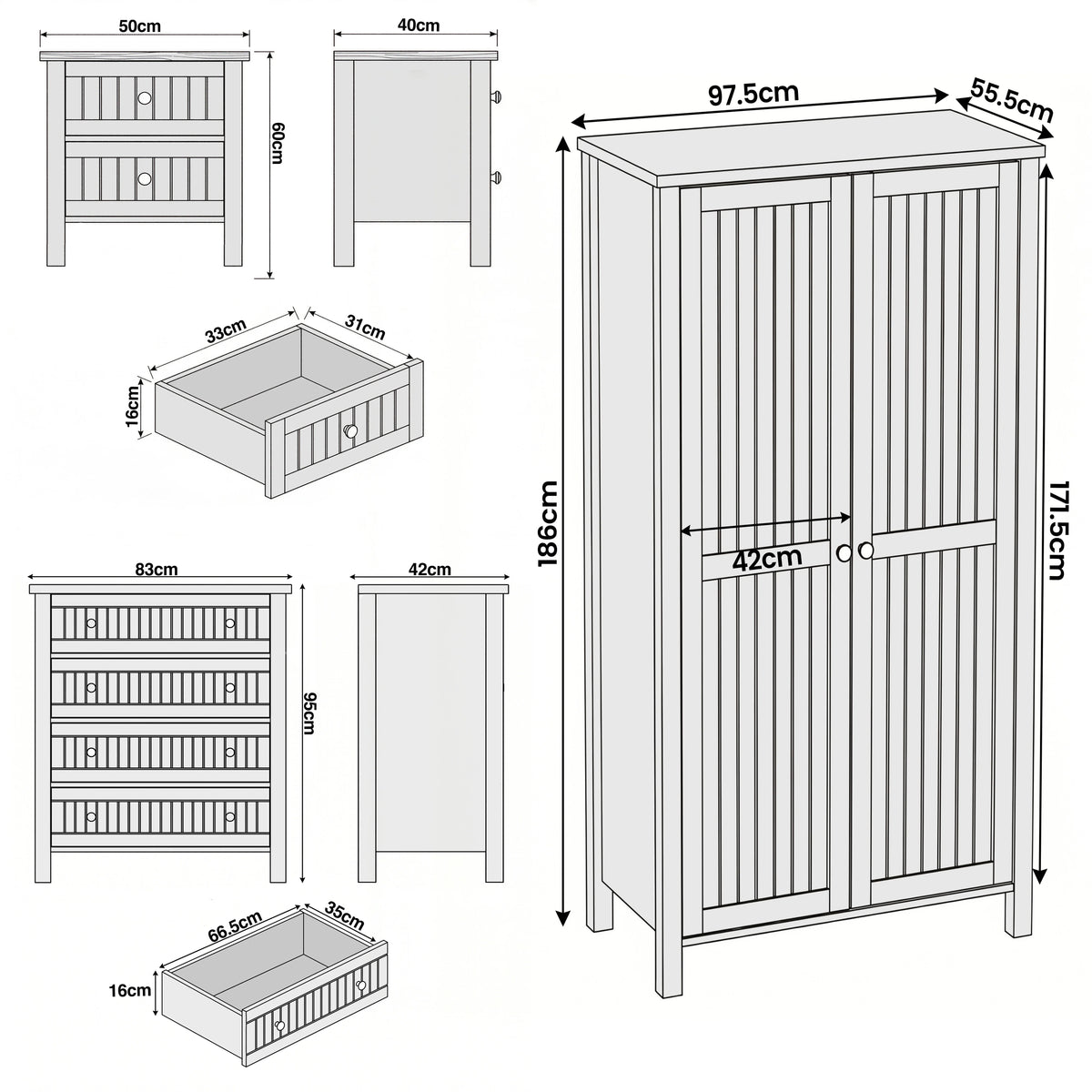 [Blue] Linra bedroom furniture set: wardrobe 97.5x55.5x186 chest 83x42x95 bedside 50x40x60 cm