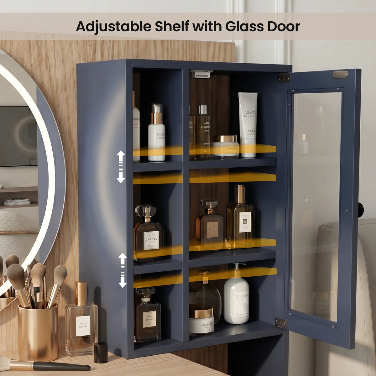 [Blue] Top drawer detail Linra dressing table extended on metal runner with vanity tools inside