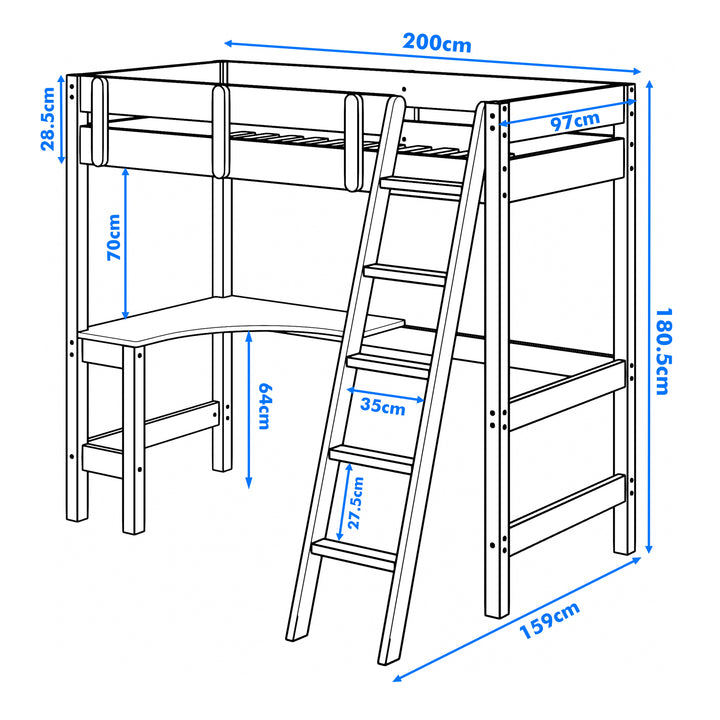 [Blue + Pine] bunk bed dimensions showing 200cm length and 159cm width with 180.5cm overall height and 64cm desk height
