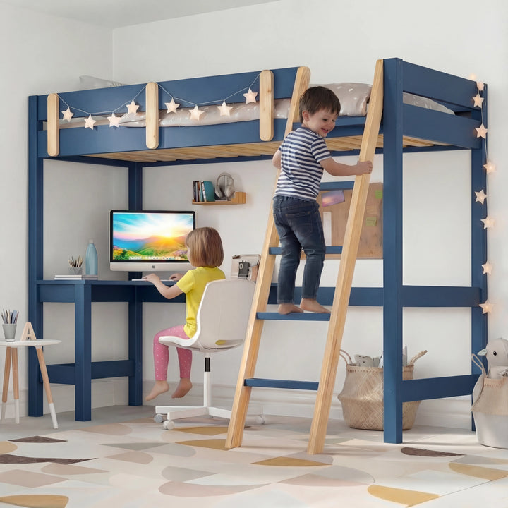 [Blue + Pine] bunk bed wide angle view of high sleeper with desk, chair and child climbing on loft bed