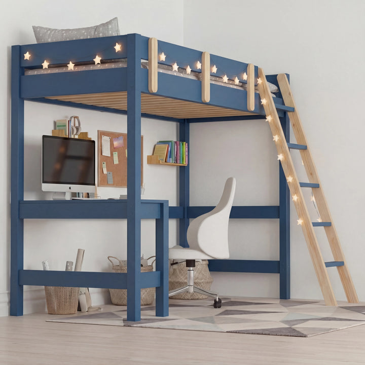 [Blue + Pine] bunk bed rear angle view of high sleeper and frame construction with desk and chair underneath