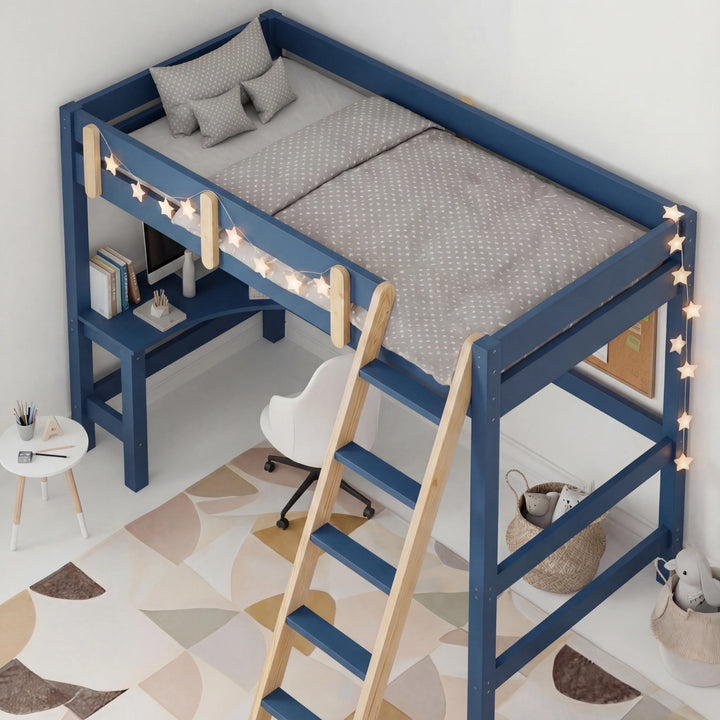[Blue + Pine] Bunk bed overhead side angle view with angled pine ladder and desk with chair beneath frame