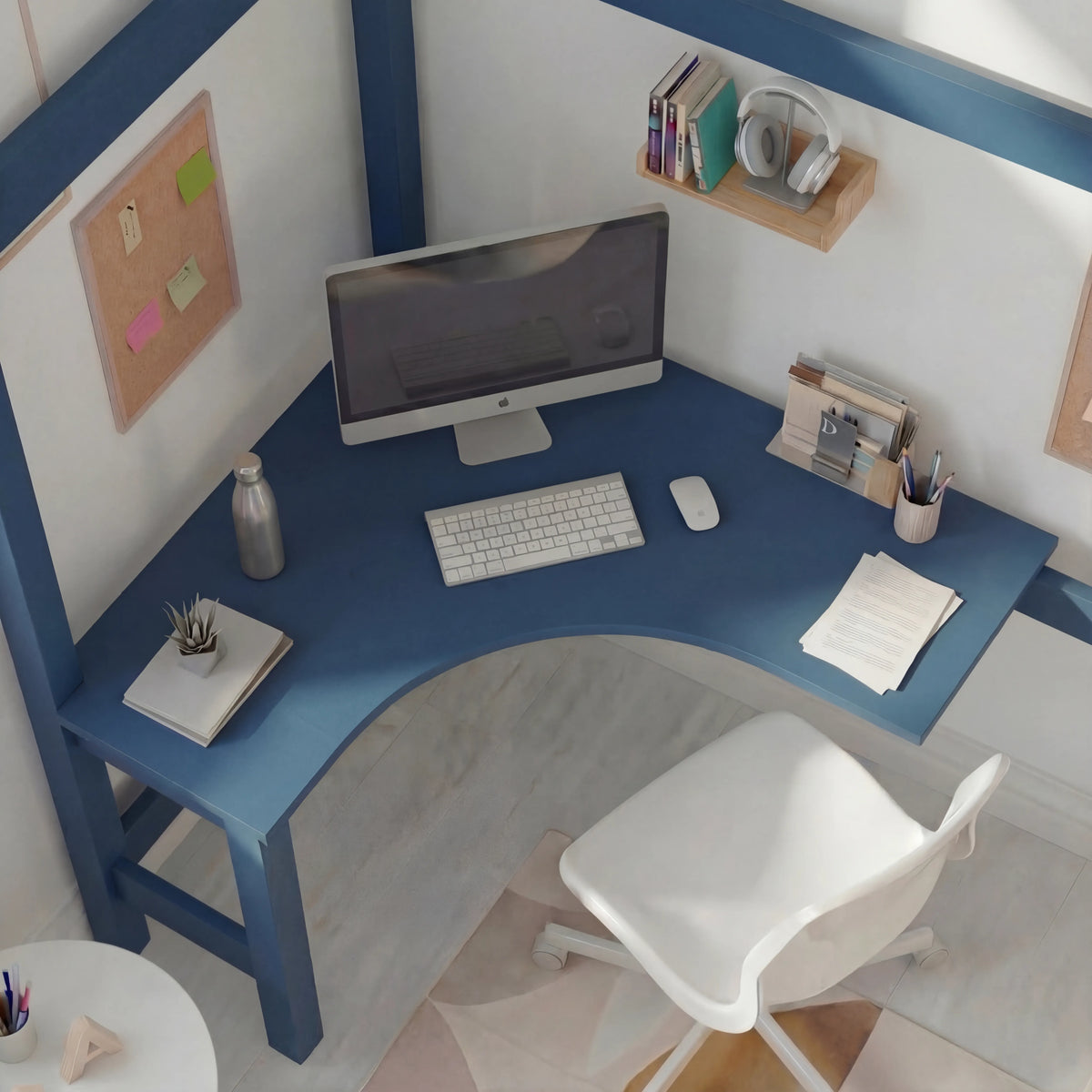 [Blue + Pine] bunk bed close-up of L-shaped corner desk under high sleeper with computer setup and wall shelves above