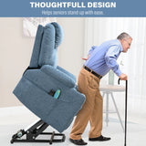 [Blue] Light blue fabric recliner chair demonstrating riser lift function for standing assistance.