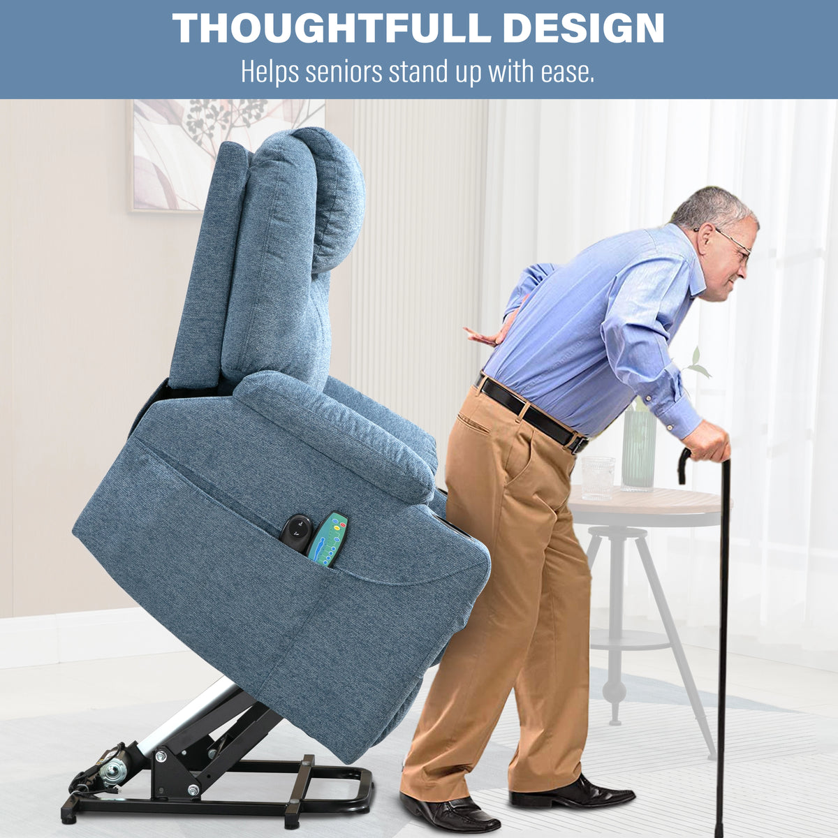 [Blue] Light blue fabric recliner chair demonstrating riser lift function for standing assistance.