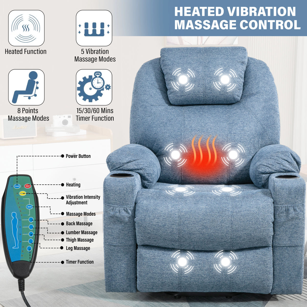 [Blue] Heated recliner chair remote showing heat zones, 8 massage points, and controls for intensity, duration, and mode.