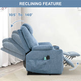 [Blue] Side view of light blue electric armchair armrest, showing integrated footrest at different recline angles.