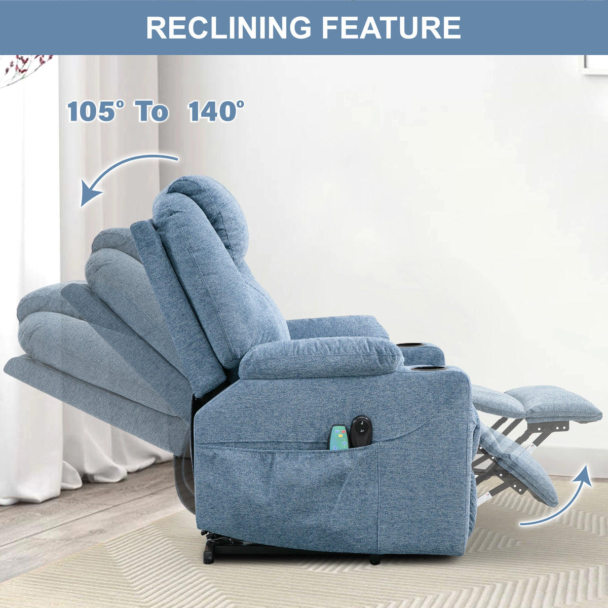 [Blue] Side view of light blue electric armchair armrest, showing integrated footrest at different recline angles.