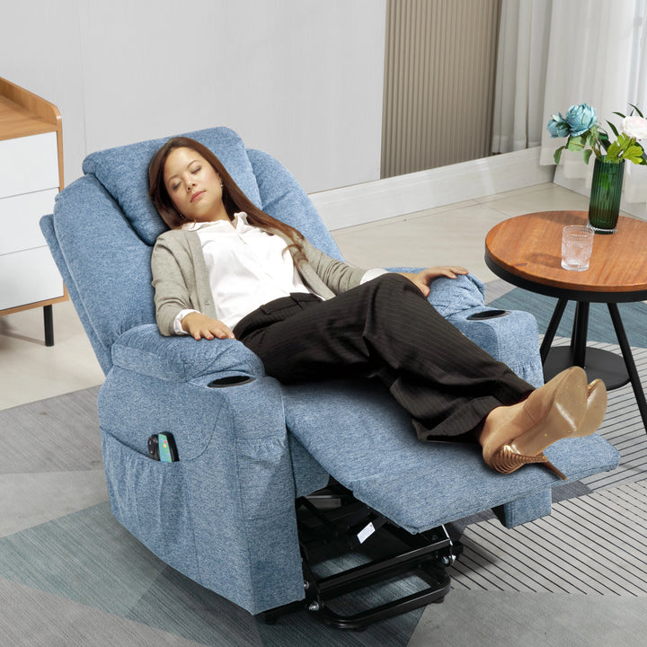 [Blue] Blue electric mobility recliner chairs helping a woman relax in a minimalist living room setting.