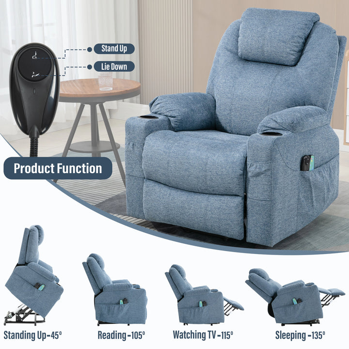 [Blue] Reclining angles from 105° to 140° of recliner chairs for elderly controlled by a remote.