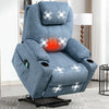 [Blue] Light blue electric riser recliner armchair highlighting heat, massage, cup holder, and remote functions.