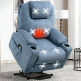 [Blue] Light blue electric riser recliner armchair highlighting heat, massage, cup holder, and remote functions.