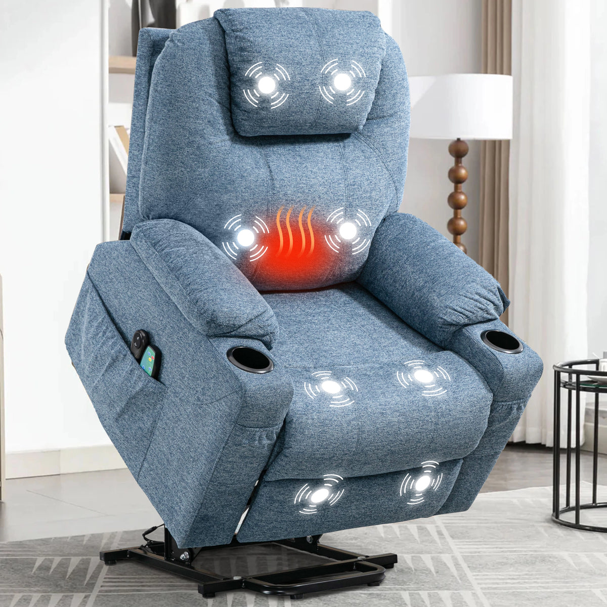 [Blue] Light blue electric riser recliner armchair highlighting heat, massage, cup holder, and remote functions.