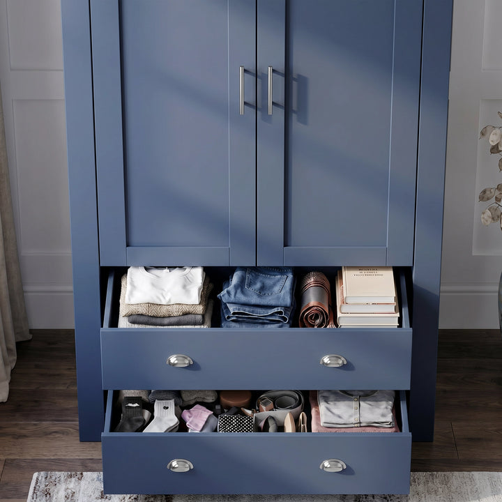 [Blue] Shaker wardrobe drawer detail with folded clothes, books, socks, accessories, cup handles, and panel doors.