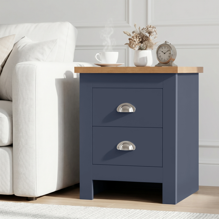 [Blue] nightstand with wooden top in a living room setting