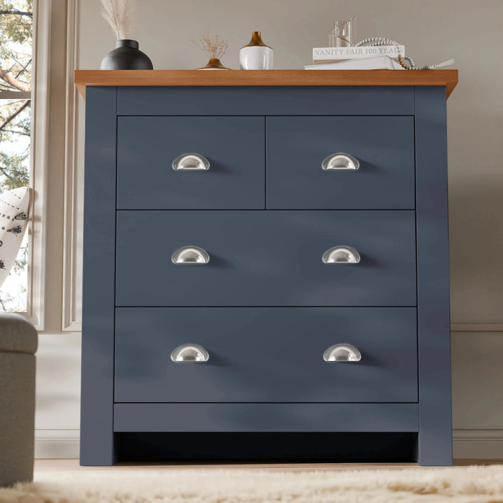 [Blue] Blue Shaker bedroom furniture set chest of drawers beside chair with silver cup handle pulls