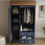[Blue] wardrobe interior with 4 left shelves full hanging rail and 2 bottom drawers open