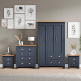 [Blue] 4 piece bedroom set styled against grey wall with gallery art and decor
